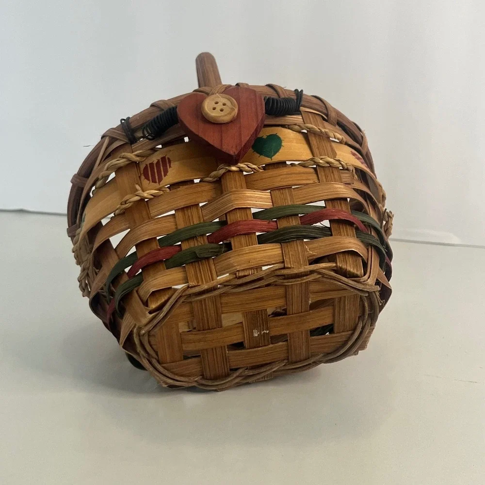 Vintage Rustic Woven Wood Basket with Wooden Heart Button Detail and Handle